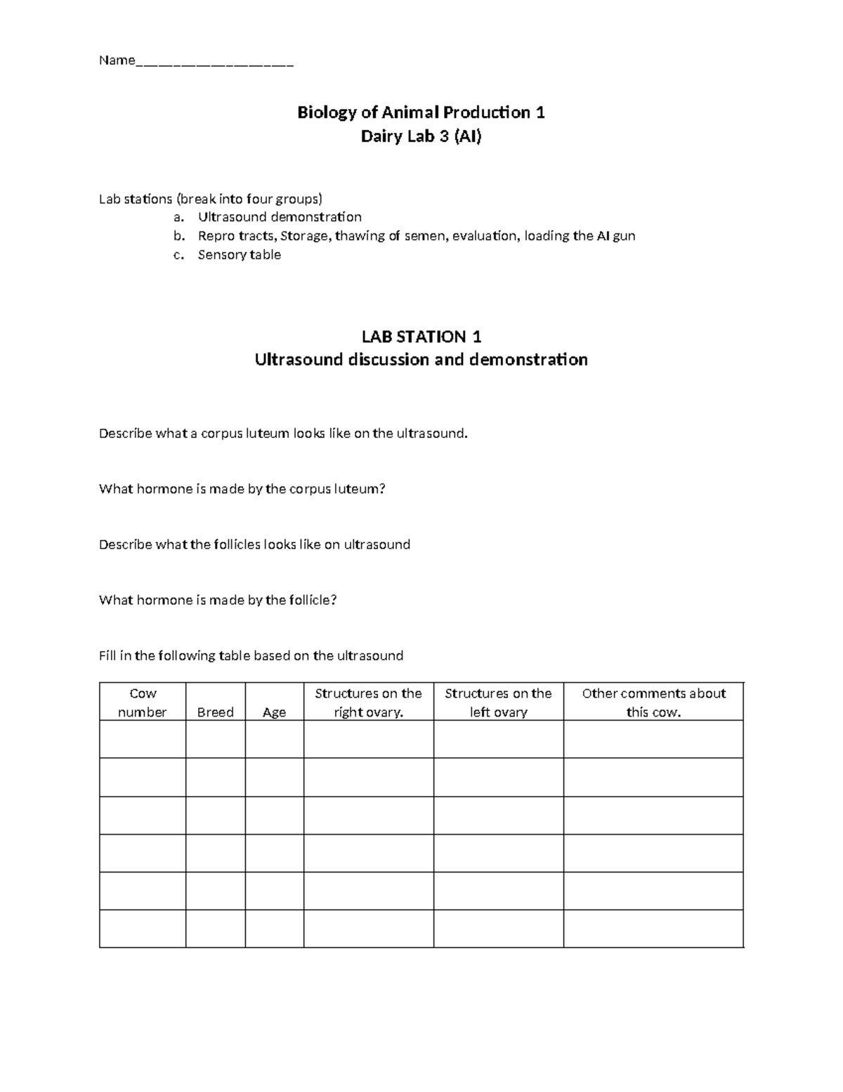 Dairy Lab 3 (AI) In-lab Worksheet: Ultrasound & Repro Techniques - Studocu