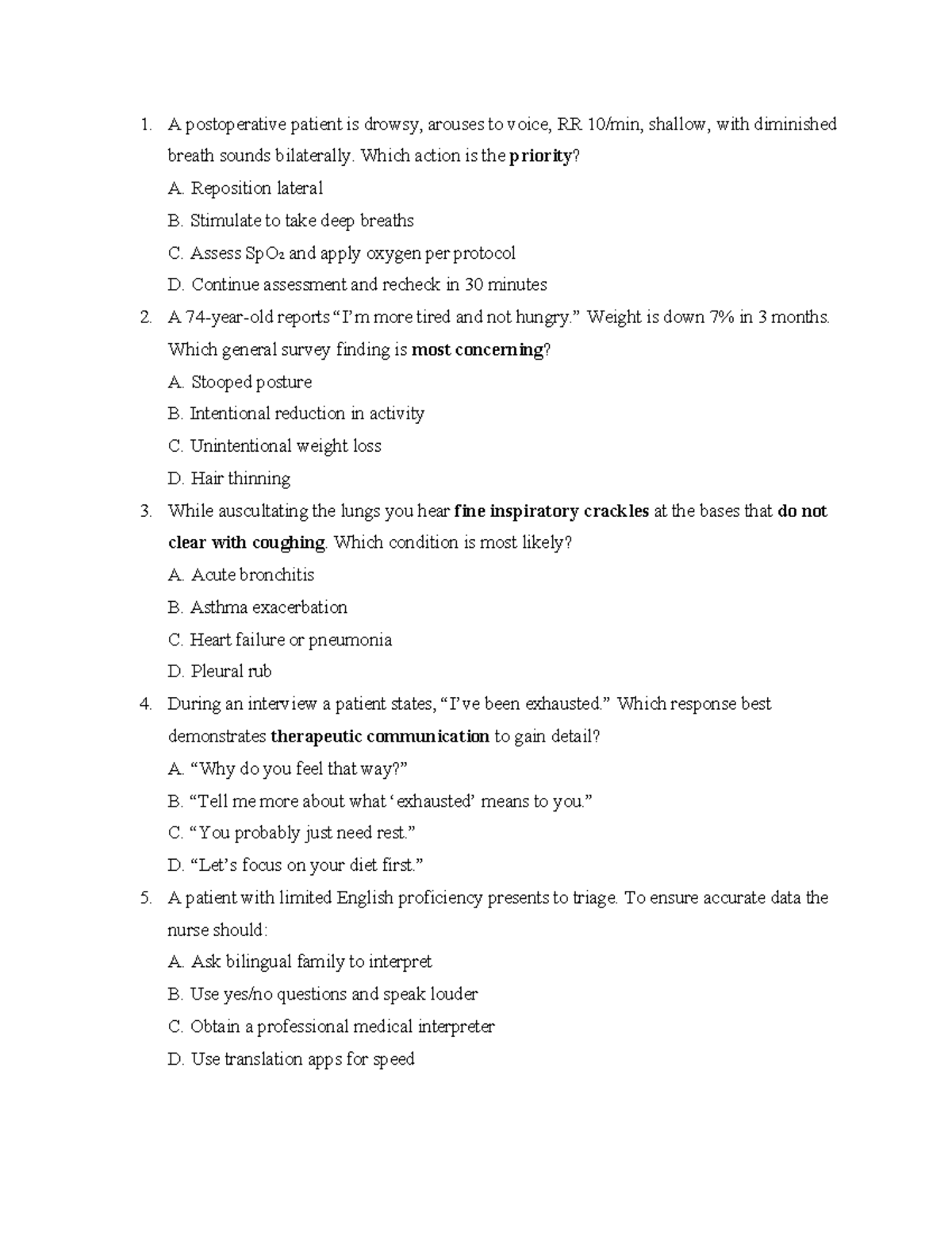 More Practice Questions for Nursing Assessment (NUR 101) - Studocu