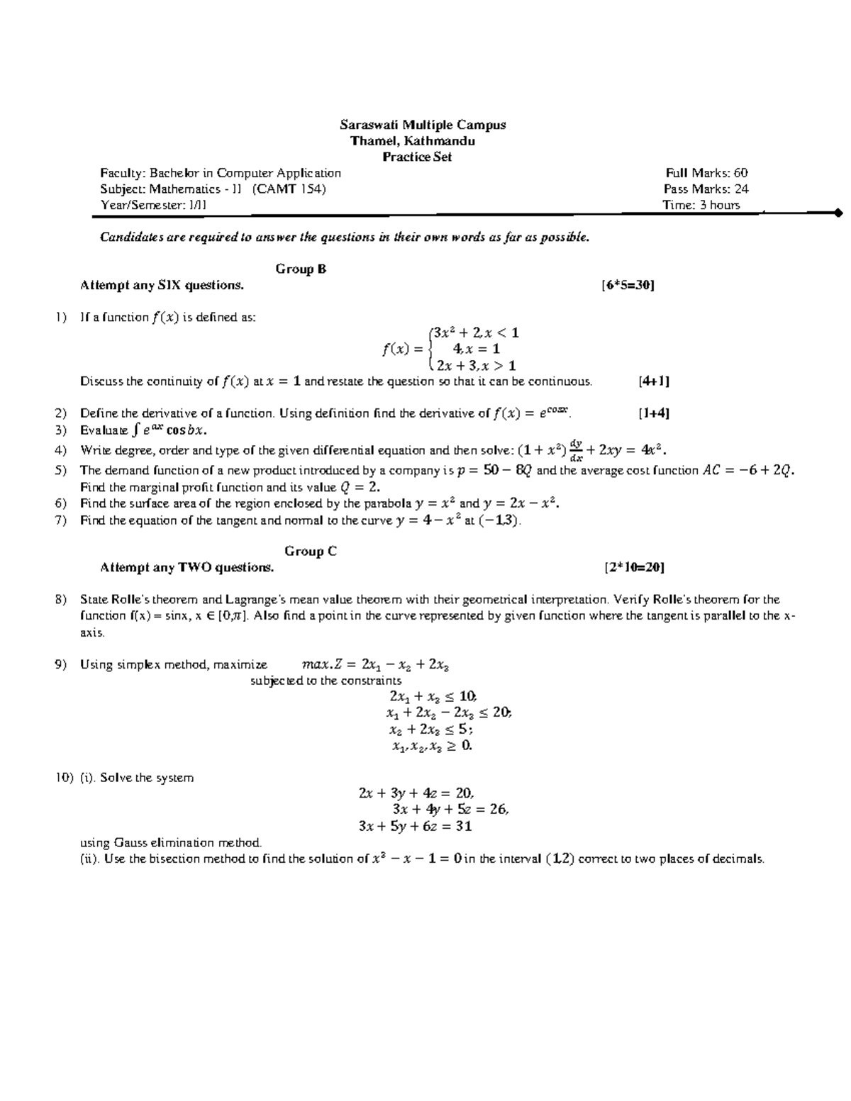 BCA II Mathematics II (CAMT 154) Practice Set Solutions - Studocu