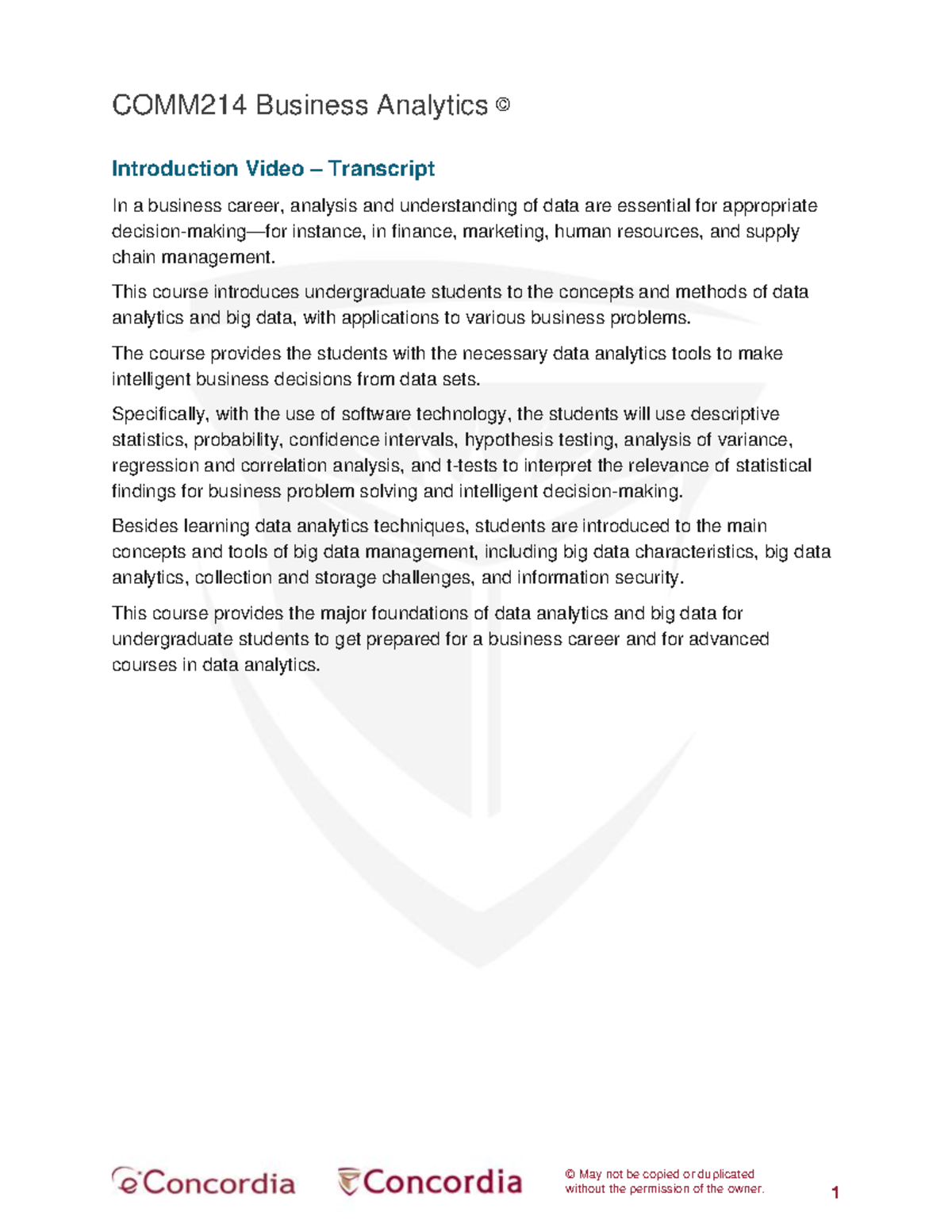 COMM214 Business Analytics Course Intro Video Transcript - Studocu