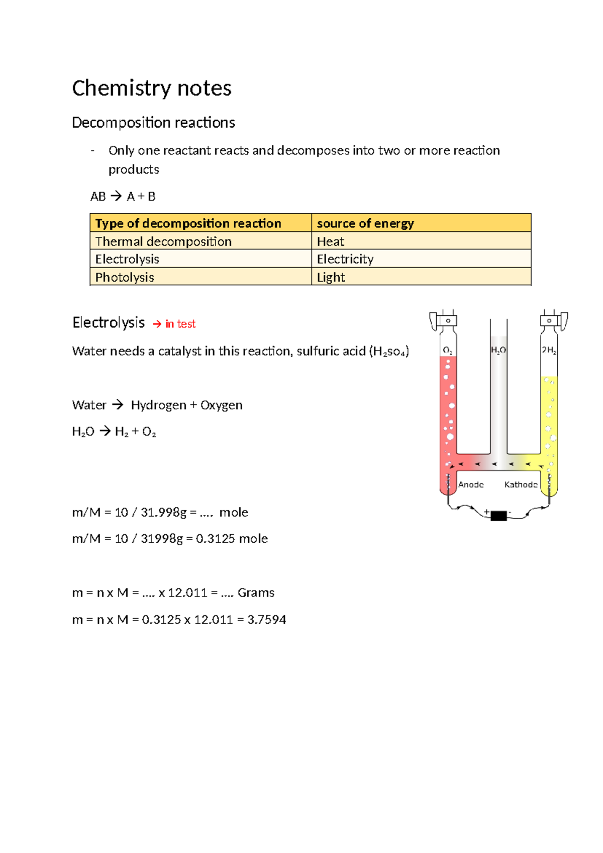 Chemistry Notes: Decomposition Reactions & Electrolysis Guide - Studeersnel