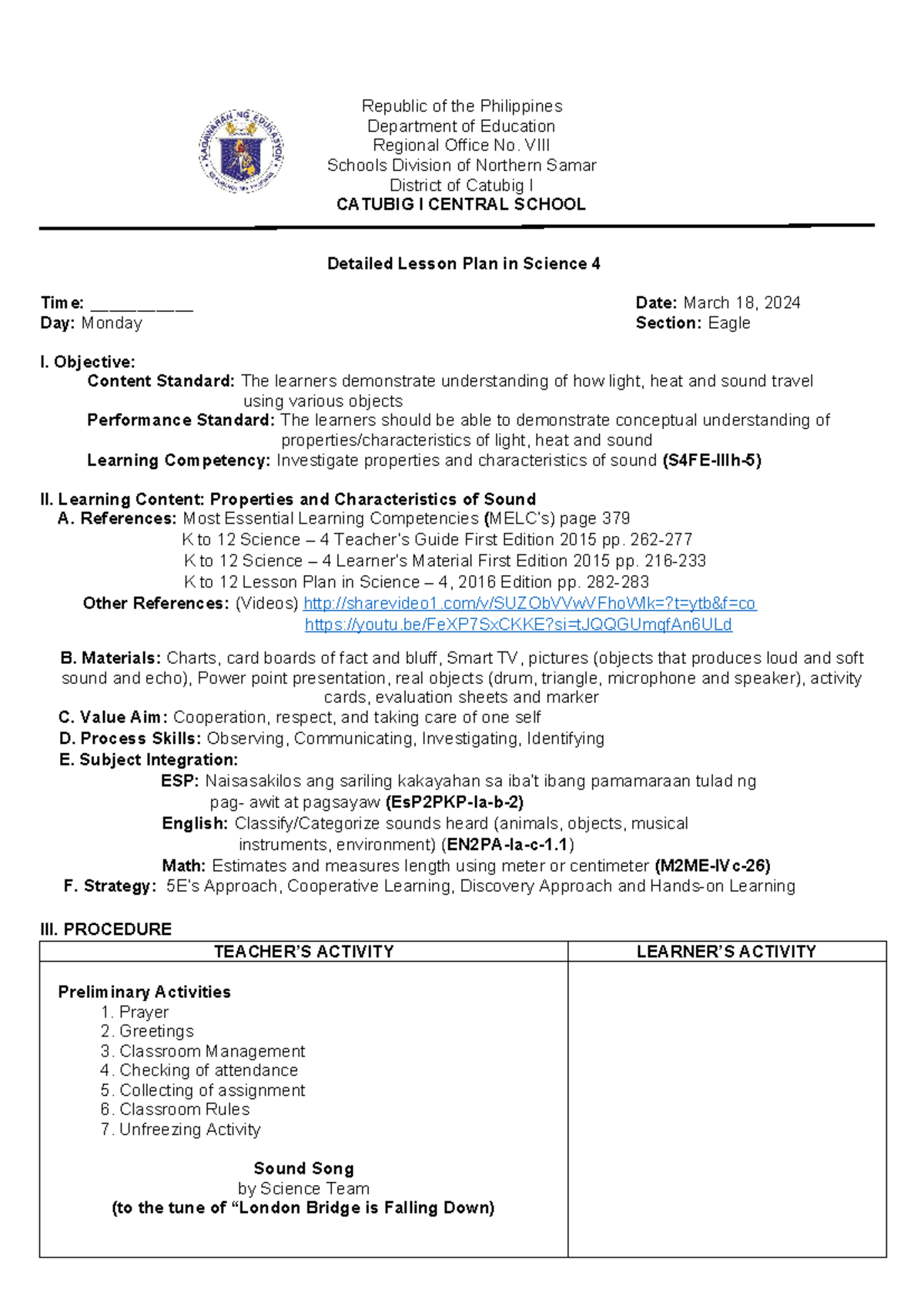 Detailed Lesson Plan in Science 4: Properties of Sound (021633) - Studocu