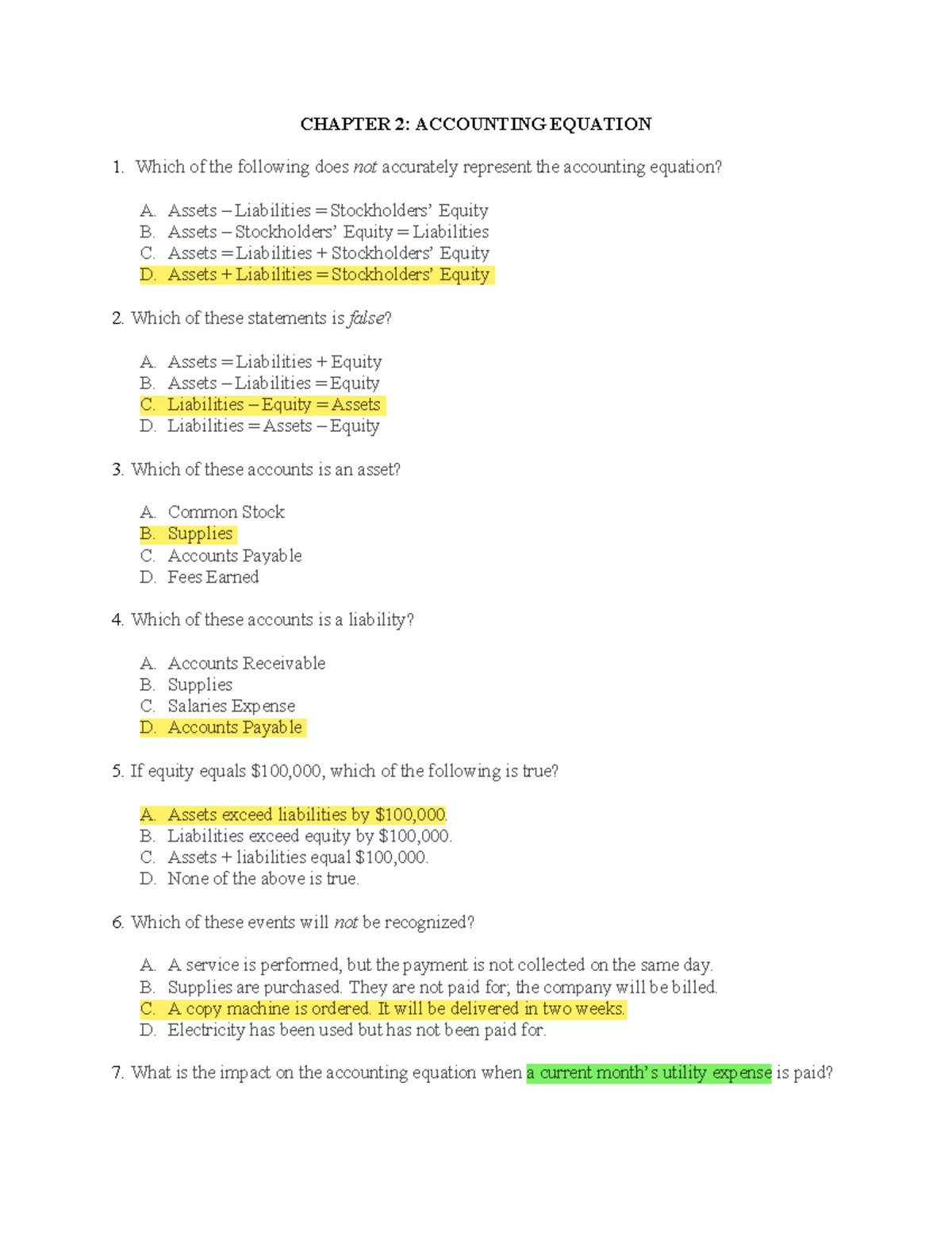 Accounting Equation Exercises - Chapter 2 Analysis - Studocu