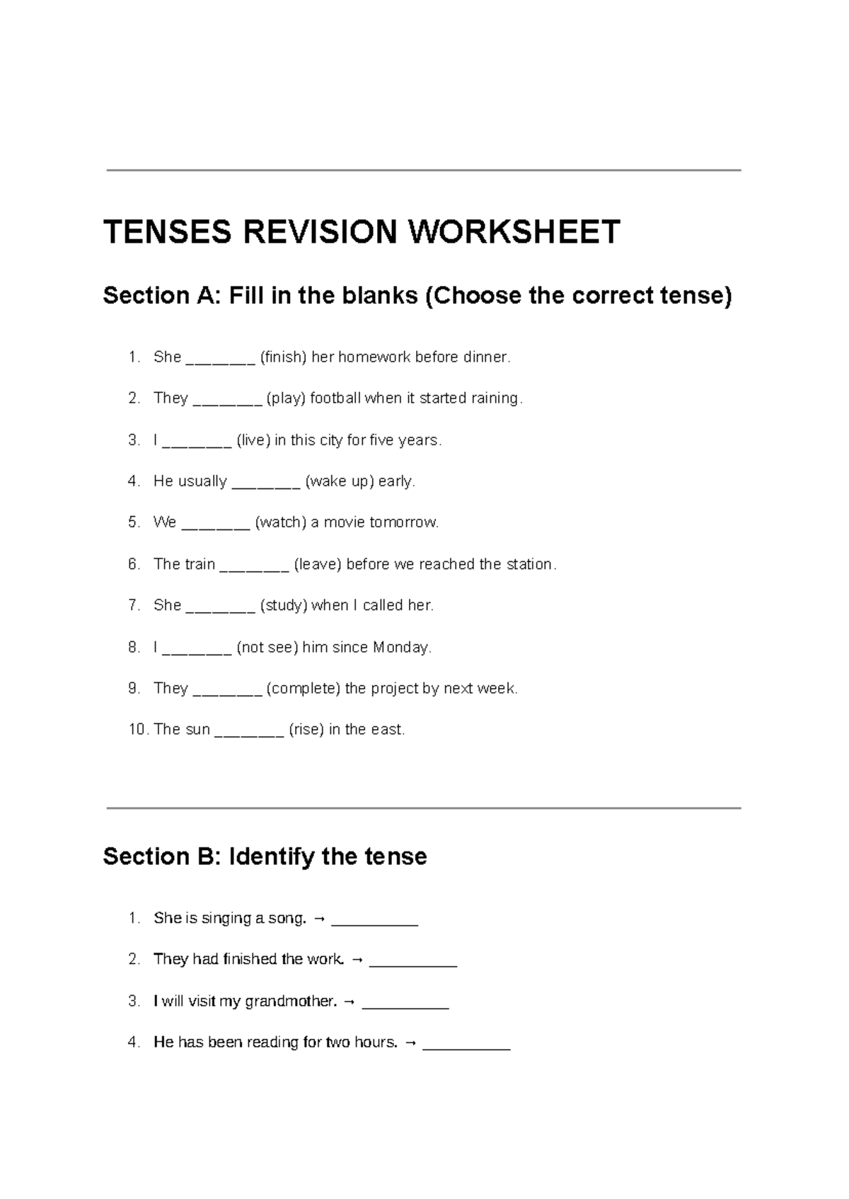 Tenses Revision Worksheet 1: Fill in the Blanks & Error Correction ...