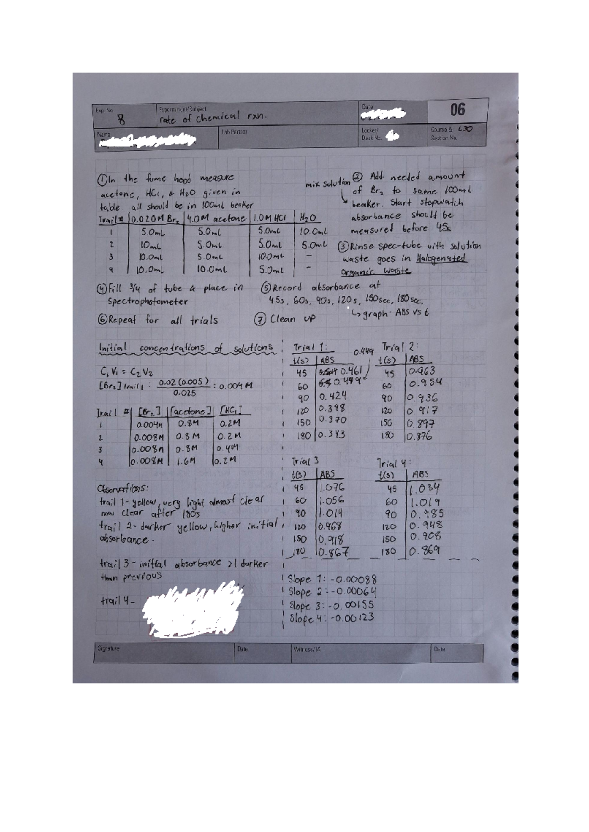 Exp 8 notebook pages- edited - Exp. No. Date rate of chemical rxn. 06 8 ...
