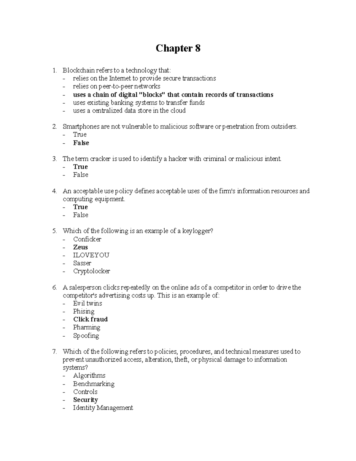 MIS - Quiz Questions and Answers for Chapter 8 - Studocu