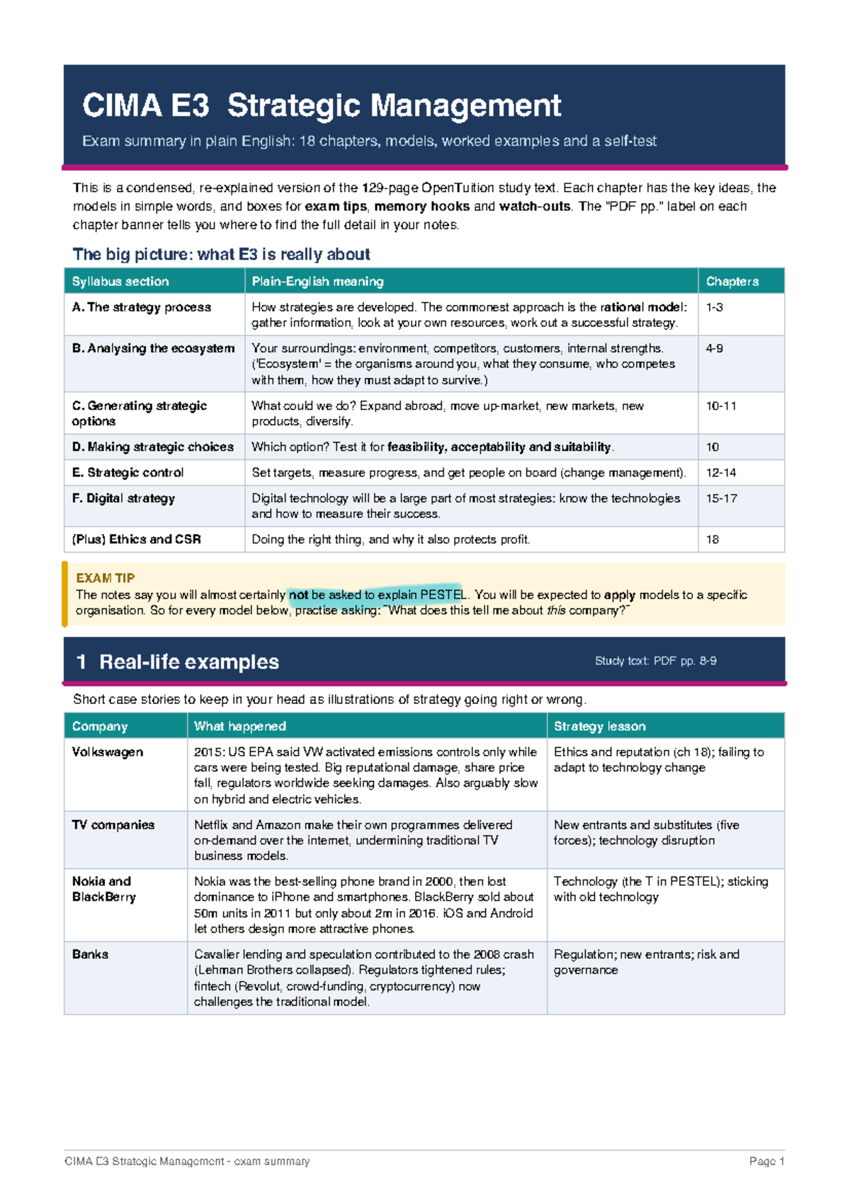 CIMA E3 Strategic Management Exam Summary: Key Concepts and Models ...