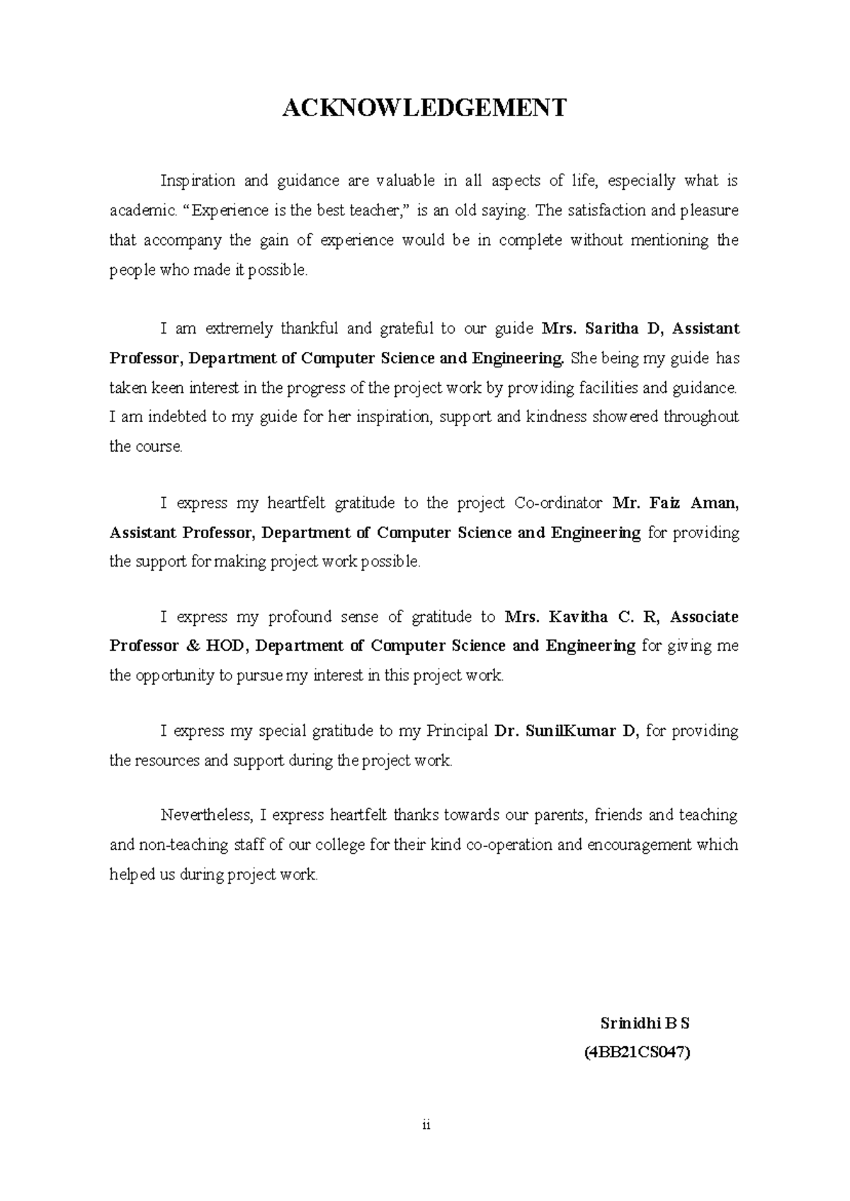 CSE Project Acknowledgement Notes (4BB21CS047) - Studocu
