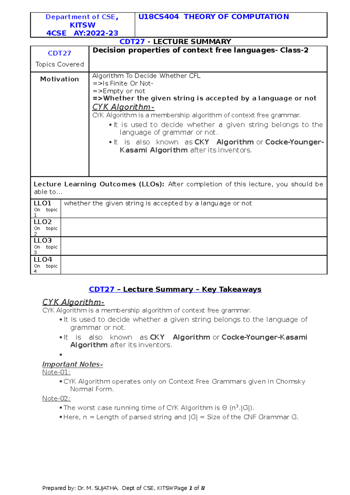 CDT27 - Lecture Summary on CYK Algorithm (4CSE AY:2022) - Studocu
