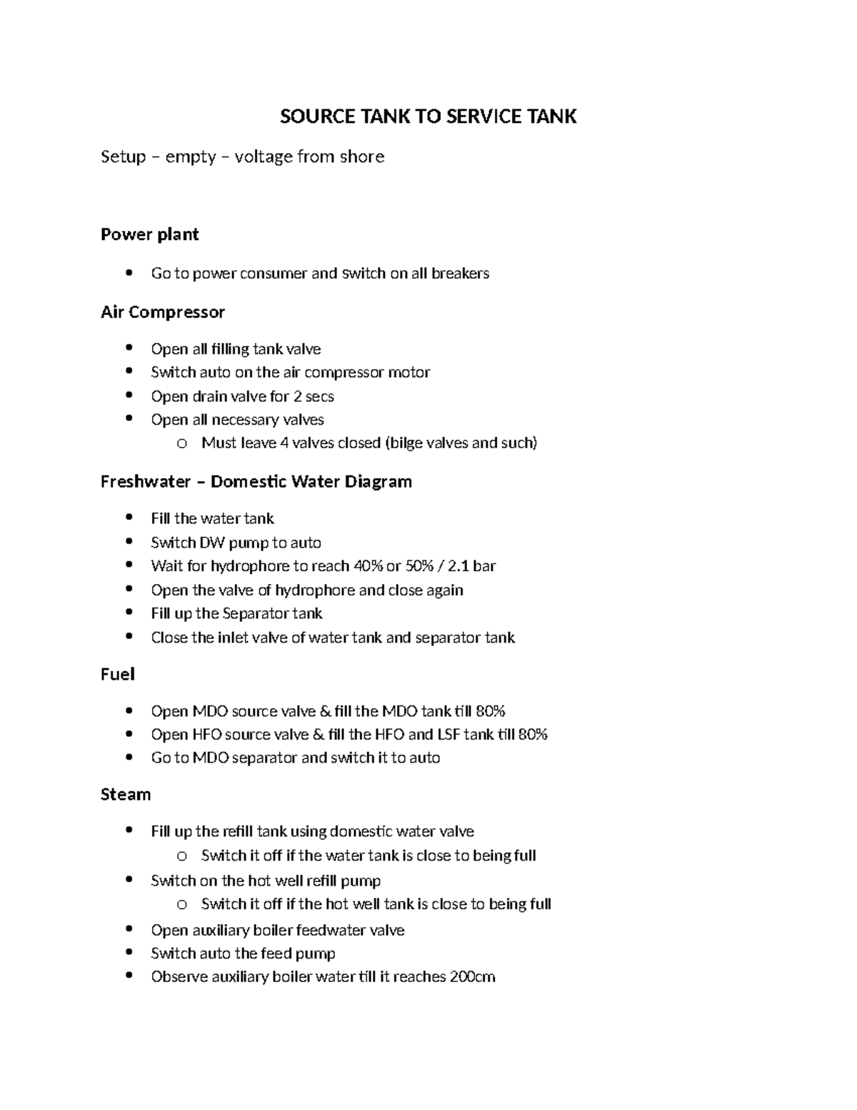 Source Tank to Service Tank Setup Procedure Guide - Studocu