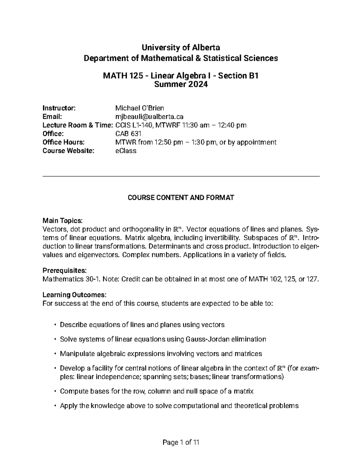MATH125 B1 Summer 2024 Syllabus for Linear Algebra I Course - Studocu