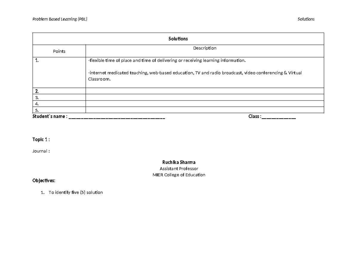 Solutions table - solution - Problem Based Learning (PBL) Solutions ...