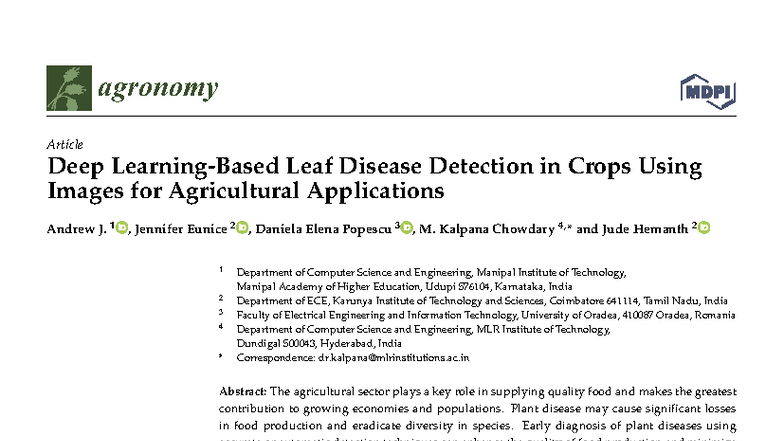 Deep Learning for Leaf Disease Detection in Crops (Agronomy 2022) - Studocu