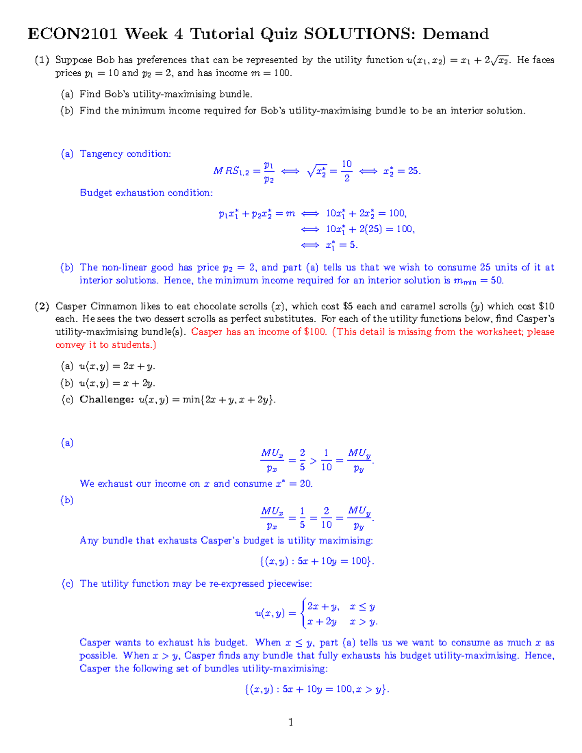 ECON2101 Week 4 Quiz Solutions: Demand Analysis and Bundles - Studocu
