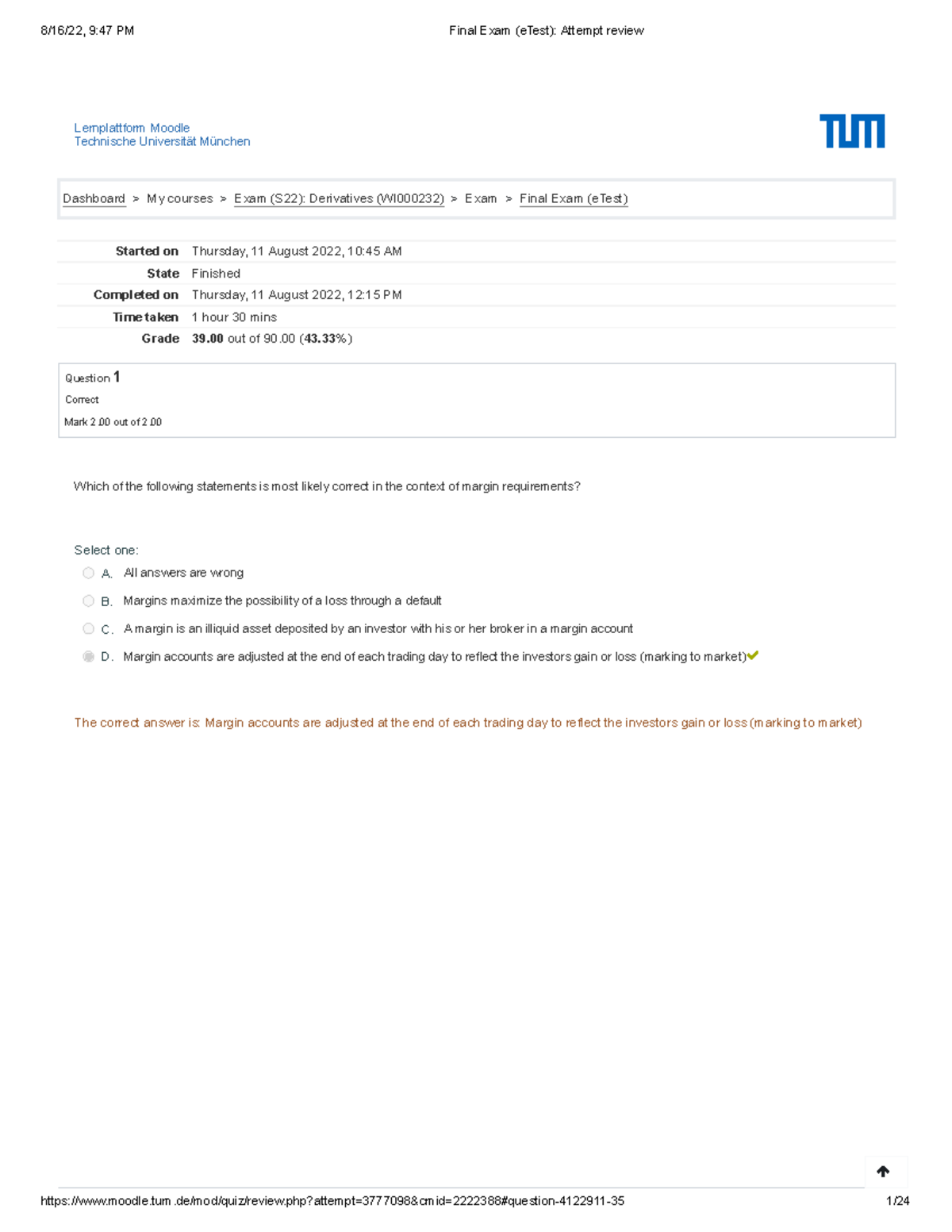 Final Exam (eTest) 2022SS: Derivatives Attempt Review - Document Preview