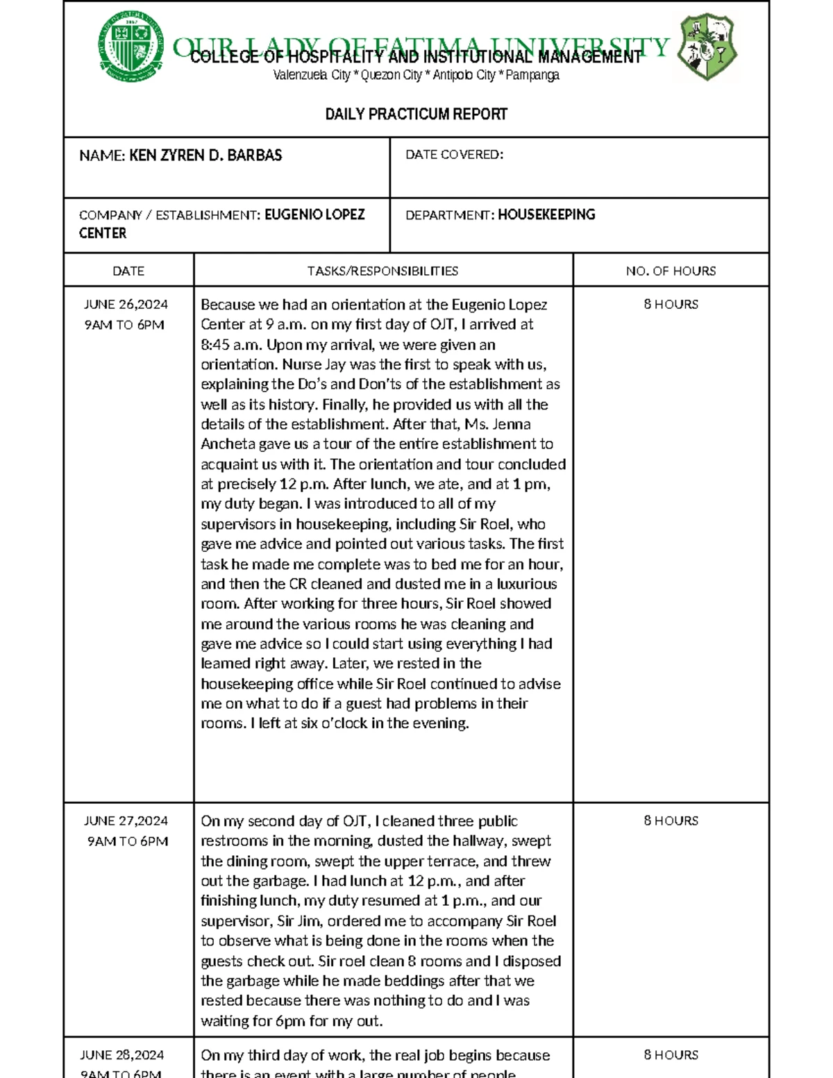 WEEKLY PRACTICUM REPORT (COURSE CODE: HOSP 101) - Week 1 Activities ...