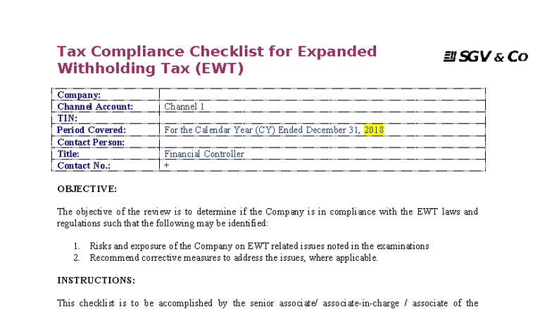 Tax Compliance Checklist for Expanded Withholding Tax (EWT) - CY 2018 ...