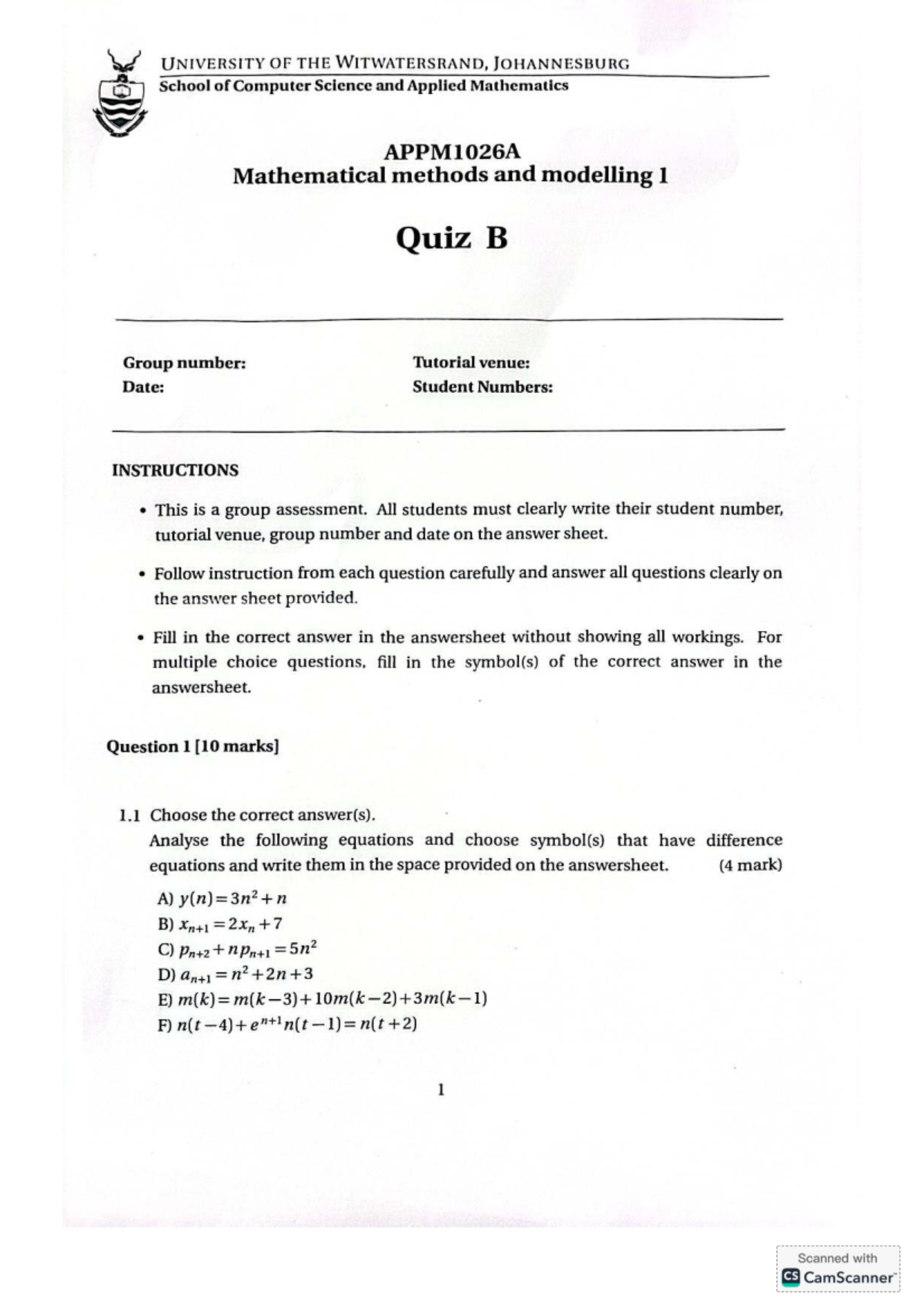 APPM1026A Mathematical Methods and Modelling 1 Quiz B Instructions ...