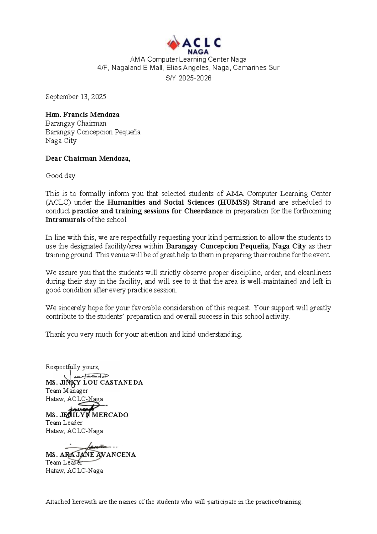 Letter Requesting Permission for Cheerdance Practice Sessions - HUMSS ...