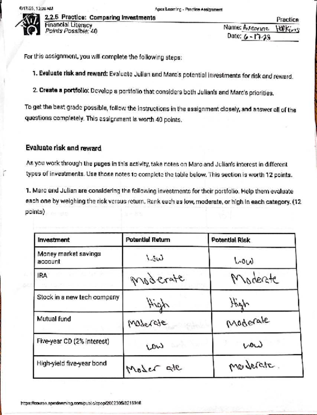 Apex Learning Financial Literacy Assignment 2.2.5: Comparing ...