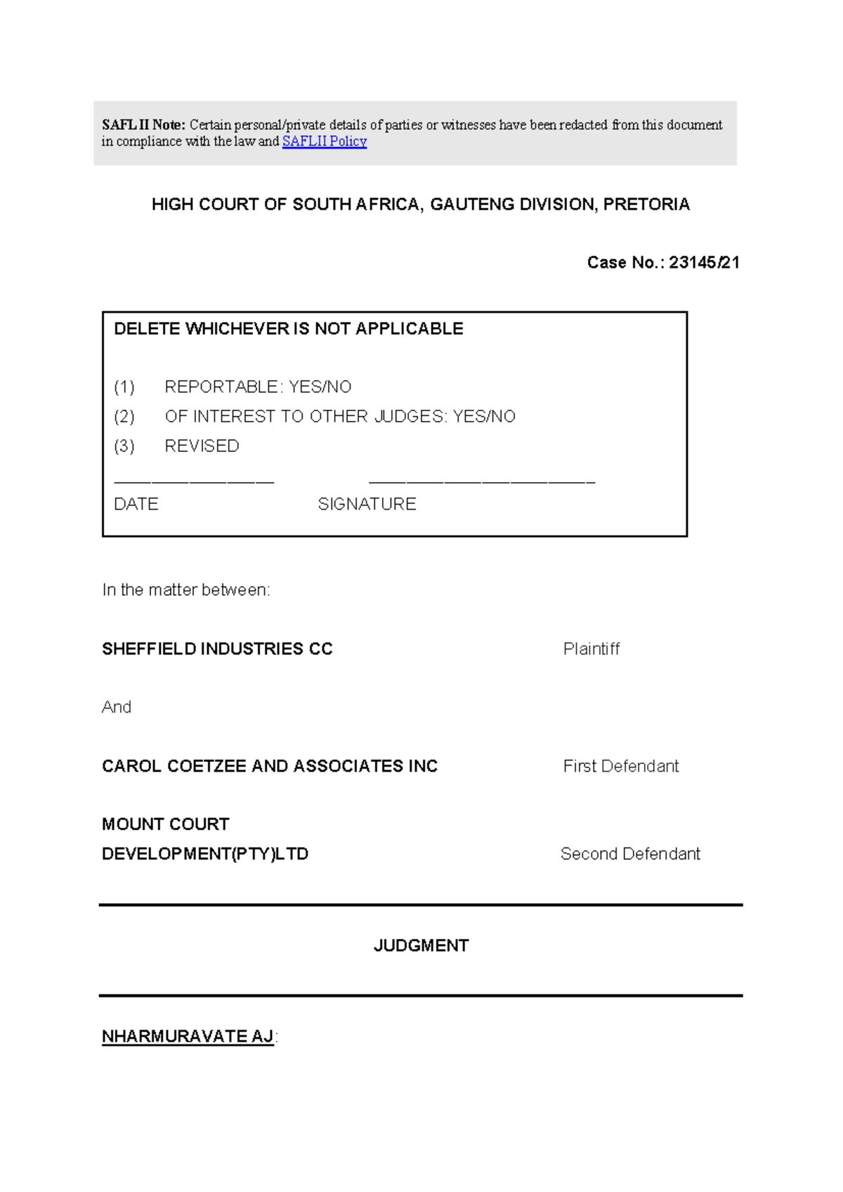 Interdict Application: First National Bank Ltd. Case No. 59502/2021 ...