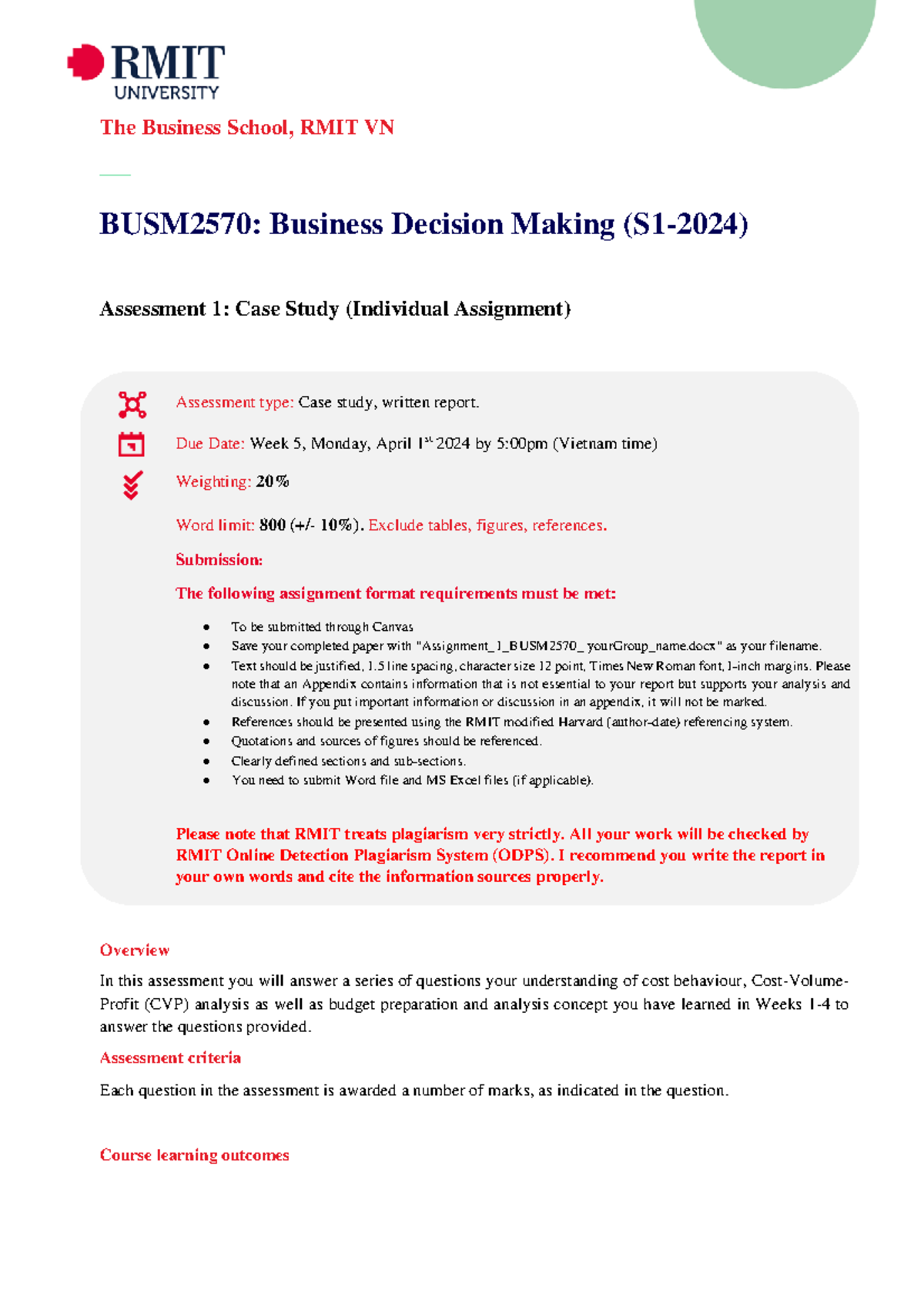 2024S1 BUSM2570 ASM 01: Business Decision Making Case Study - Studocu