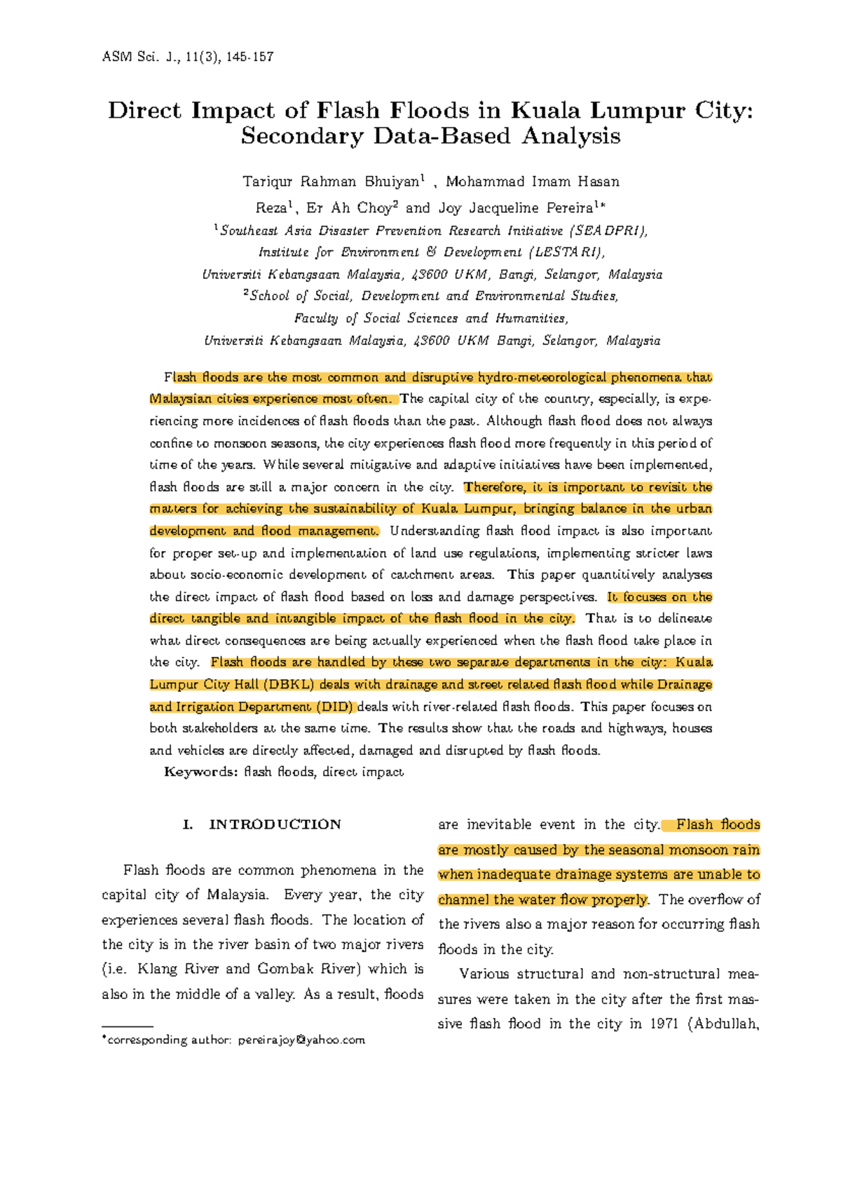 Direct Impact of Flash Floods in Kuala Lumpur City: A Secondary ...