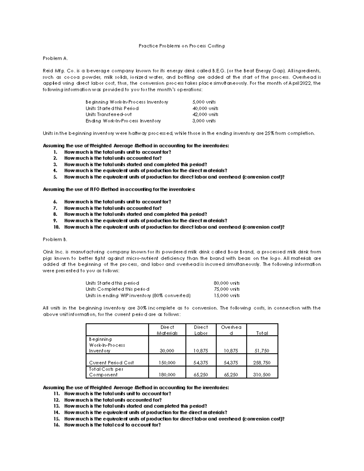 Process Costing System Exercises - CA 301 Practice Problems - Studocu