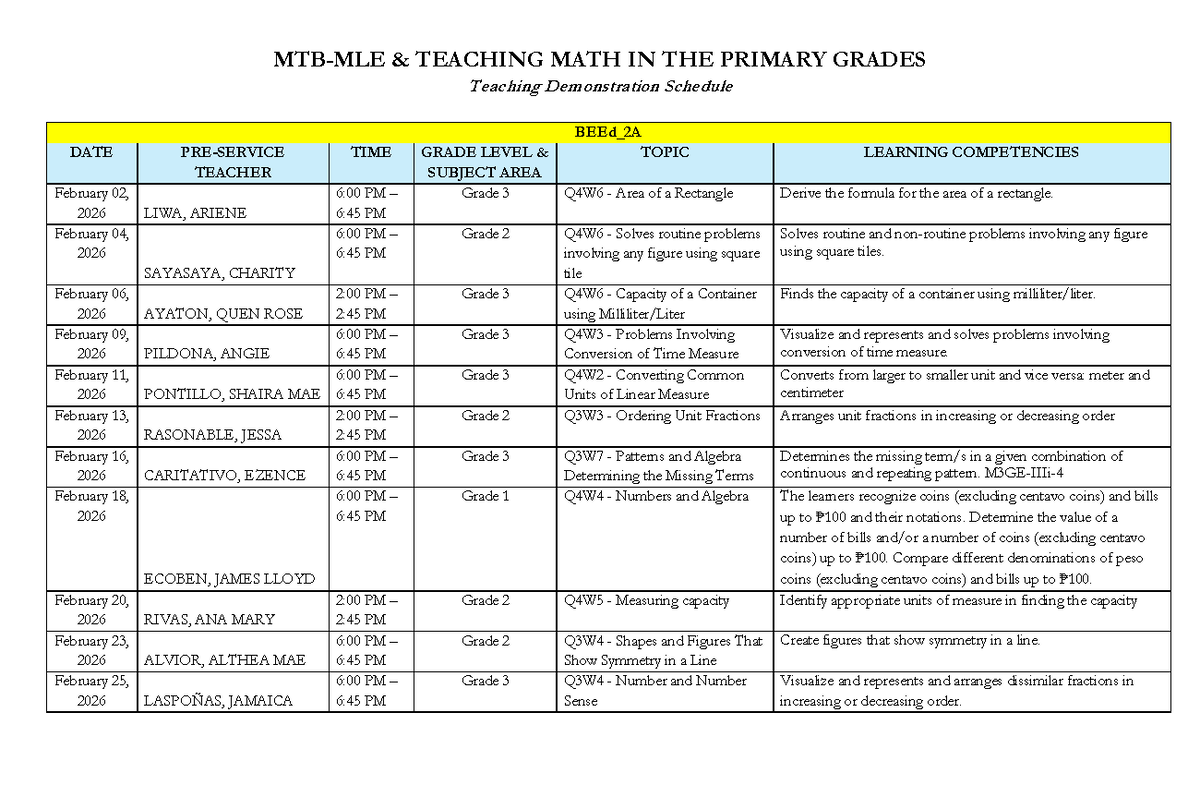 BEEd 2A Teaching Demonstration Schedule for Math in Primary Grades ...