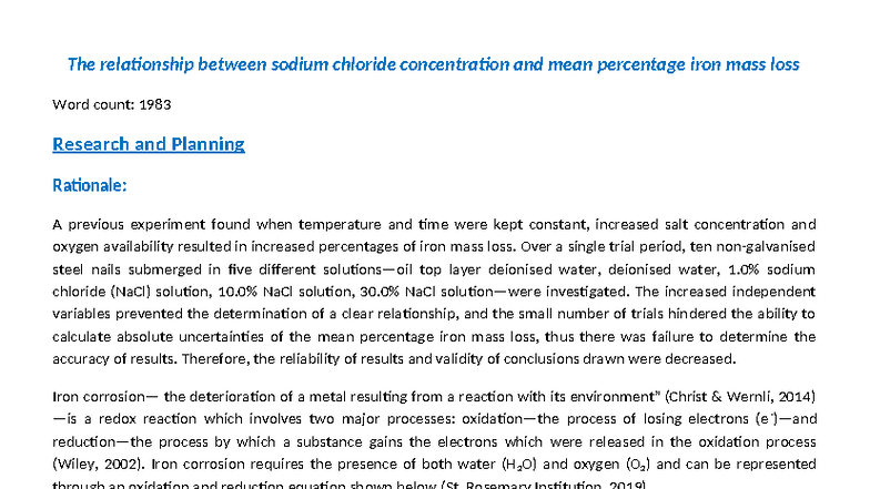 The Effect of NaCl Concentration on Iron Mass Loss in Steel Nails (CHEM 101) - Document Preview