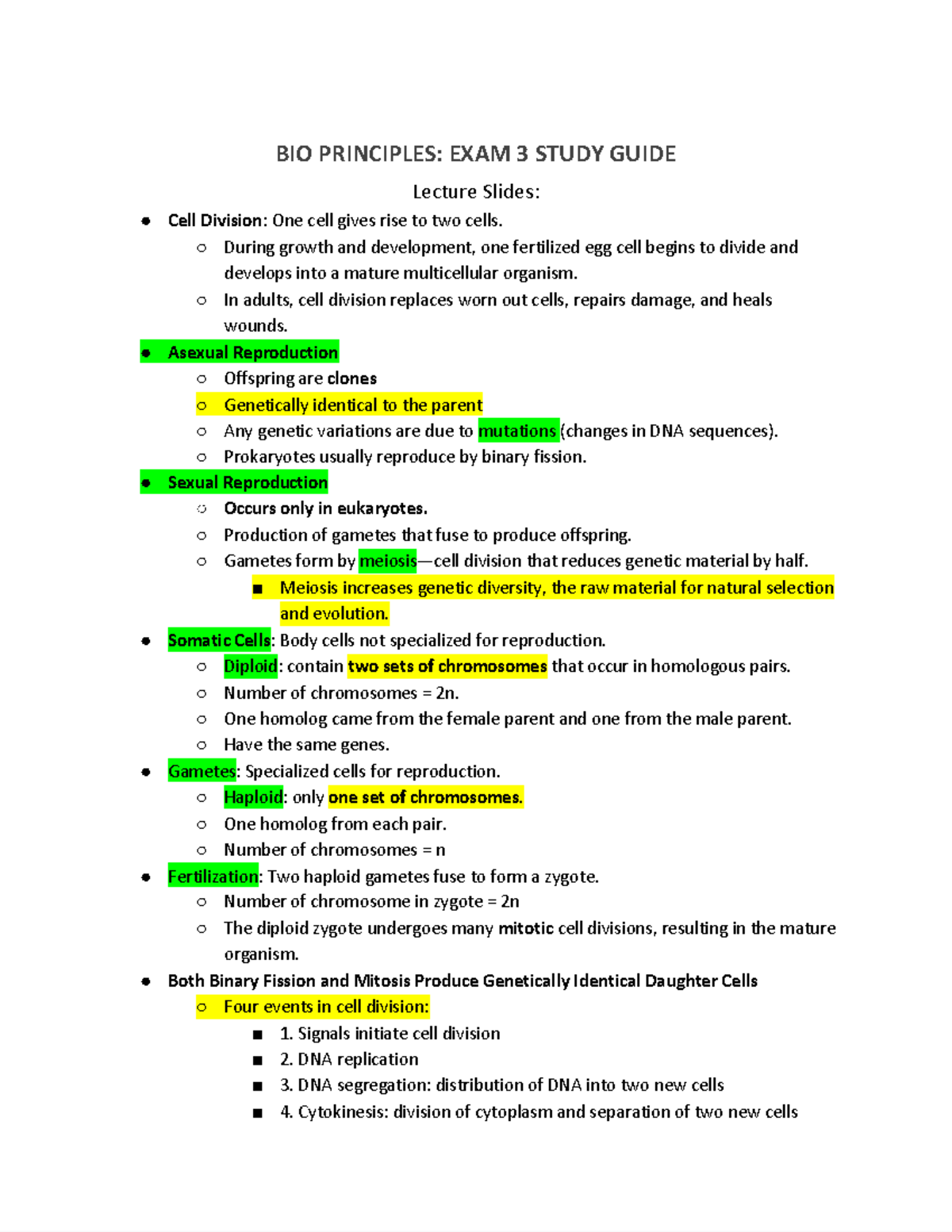 BIO 101: Exam 3 Study Guide on Cell Division and Reproduction - Studocu