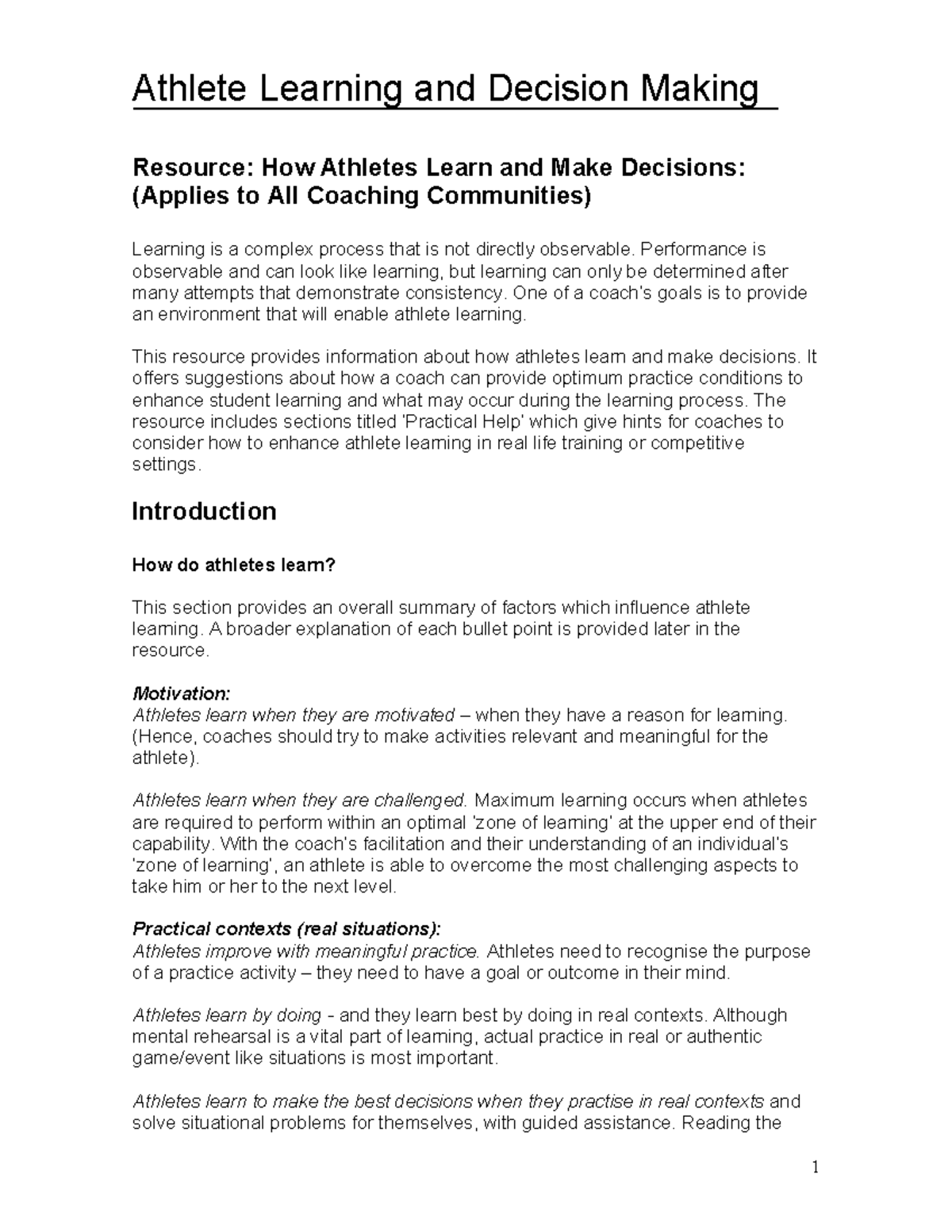 Athlete Learning & Decision Making: A Coaching Resource Guide - Studocu