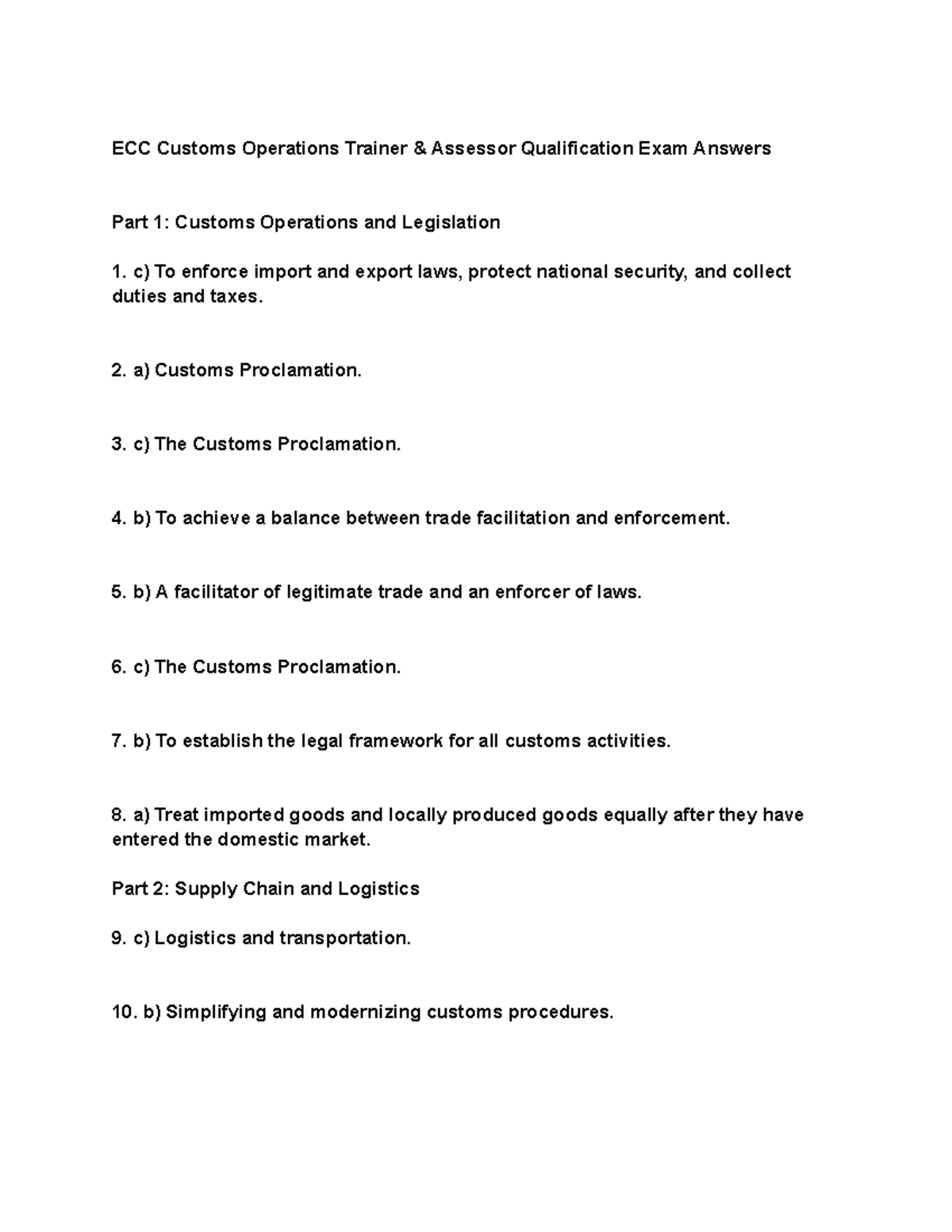ECC Customs Operations Trainer Assessor Qualification Exam Answers Part ...