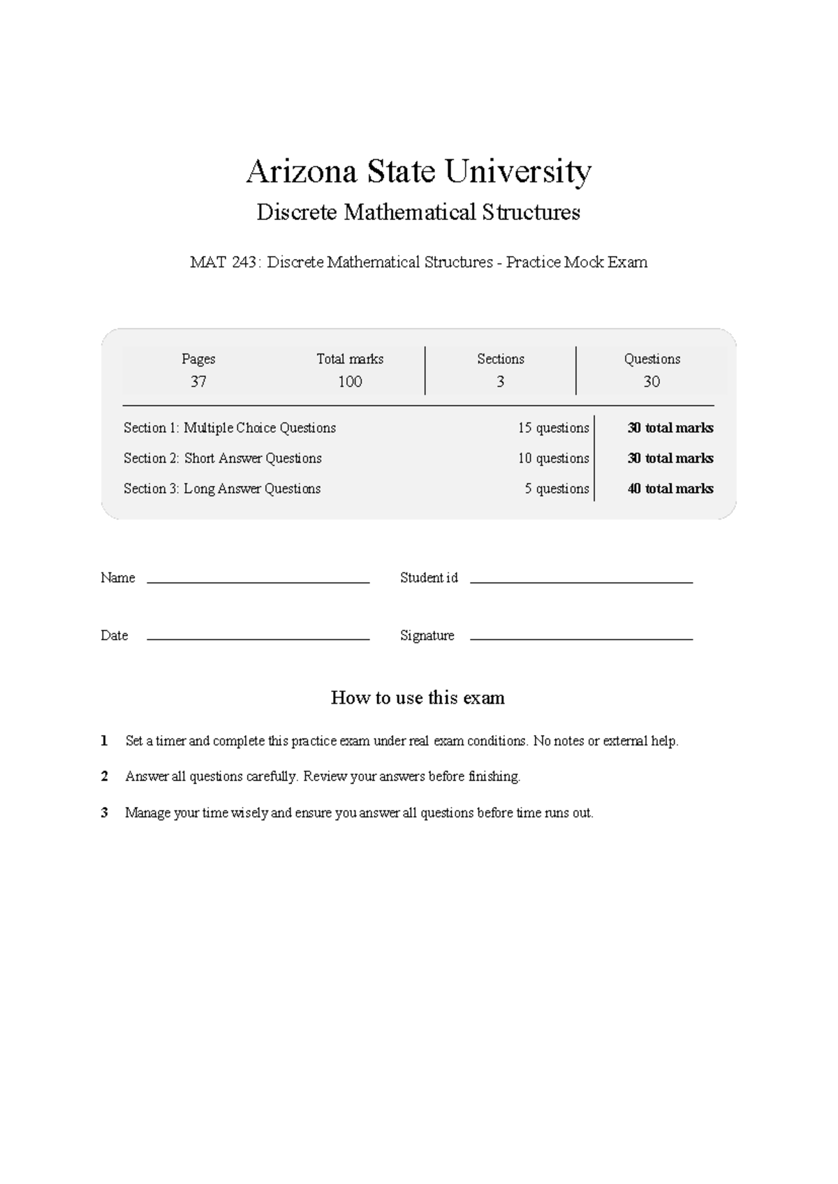 MAT 243 Discrete Mathematical Structures ASU Practice Mock Exam 2026 ...