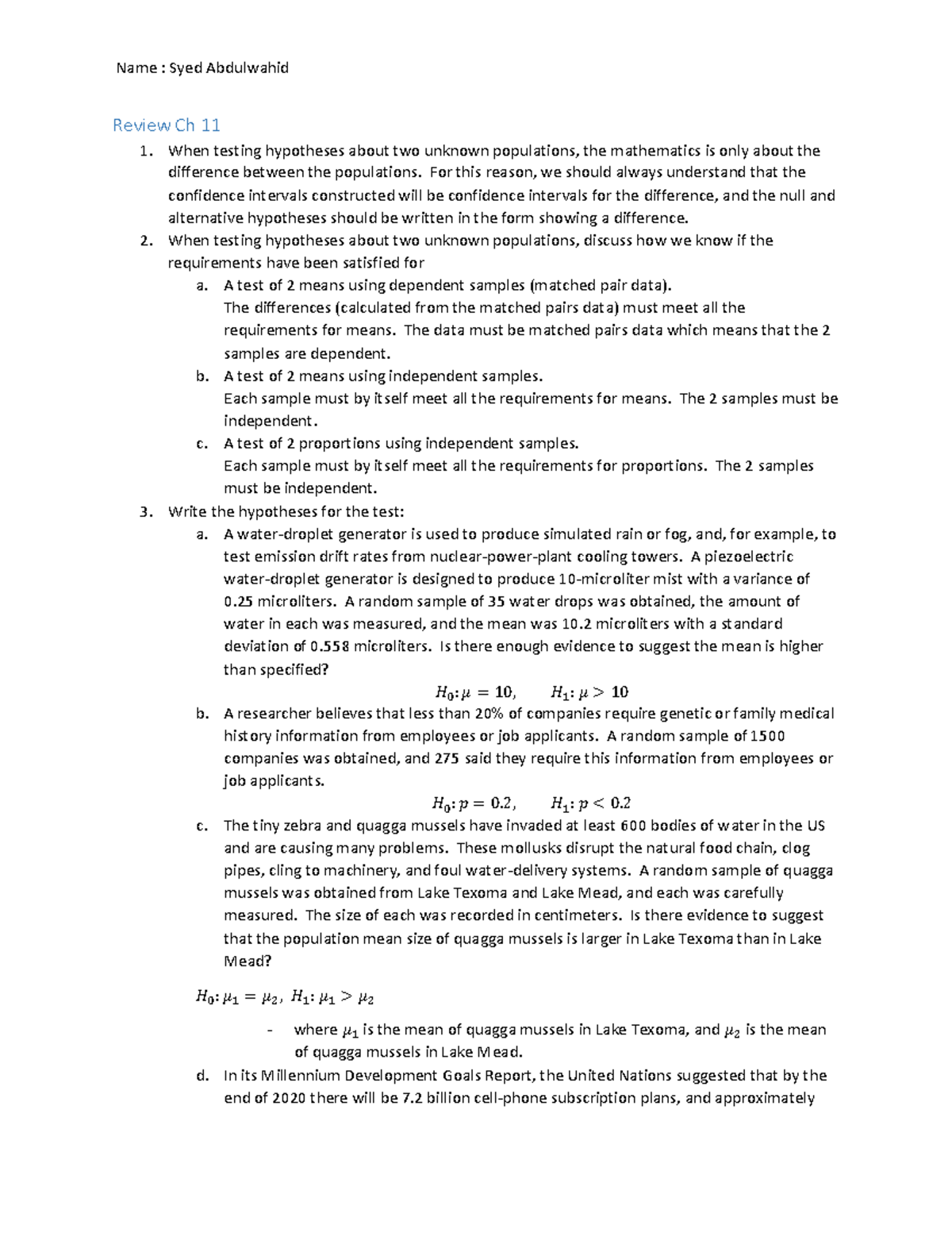 Ch 11 Hypothesis Testing Review: Comparing Means and Proportions - Studocu