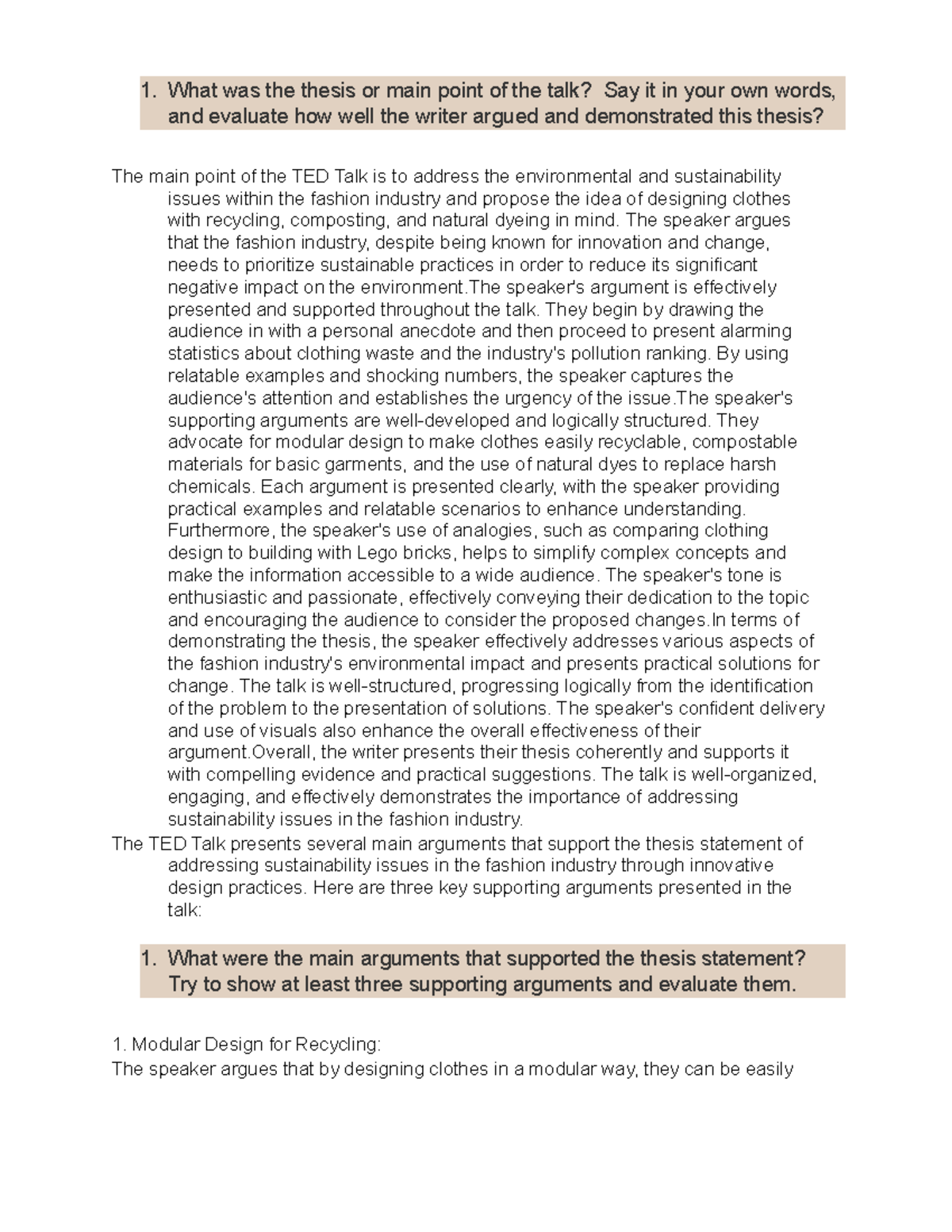 Ted talk - NOTE - 1. What was the thesis or main point of the talk? Say ...
