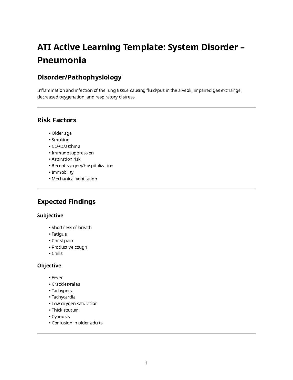 ATI Active Learning Template: Pneumonia System Disorder Overview - Studocu