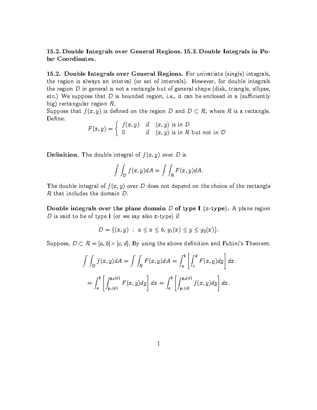 15 2 Double Integrals over General Regions 15 3 Double Intergrals in ...