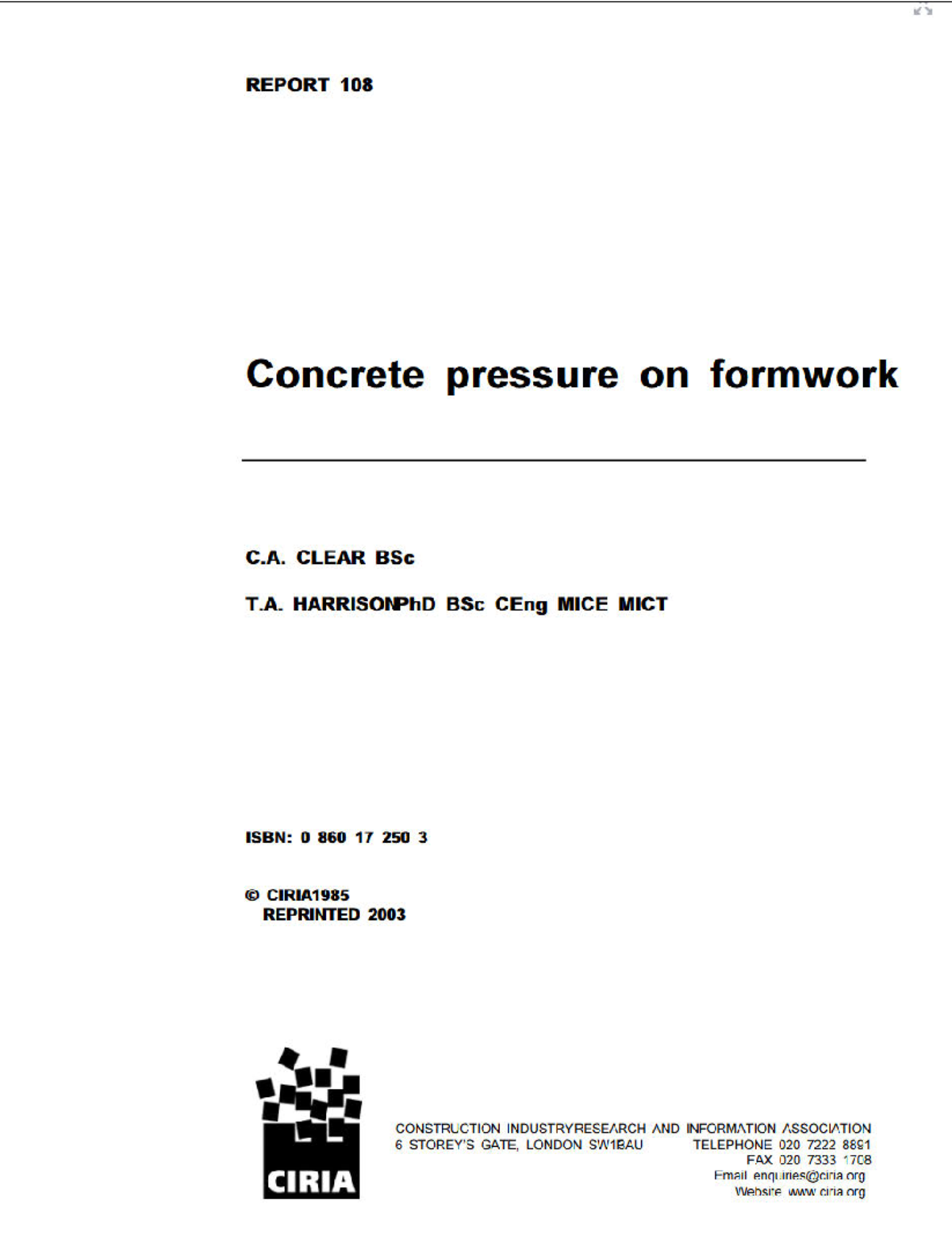 CIRIA Report 108: Concrete Pressure on Formwork Analysis - Studocu