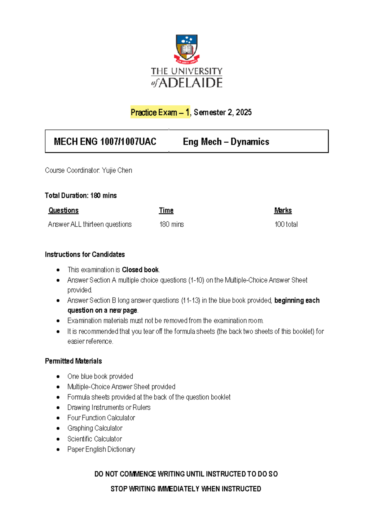 MECH ENG 1007 Dynamics Final Exam Practice 1, Semester 2, 2025 - Studocu