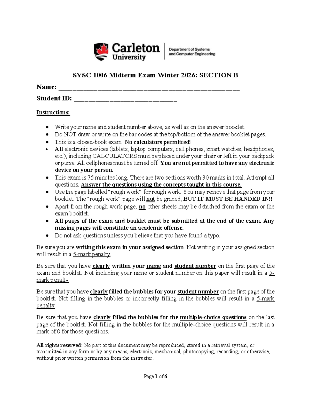SYSC 1006 Midterm Exam Winter 2026: Section B Instructions & Questions ...