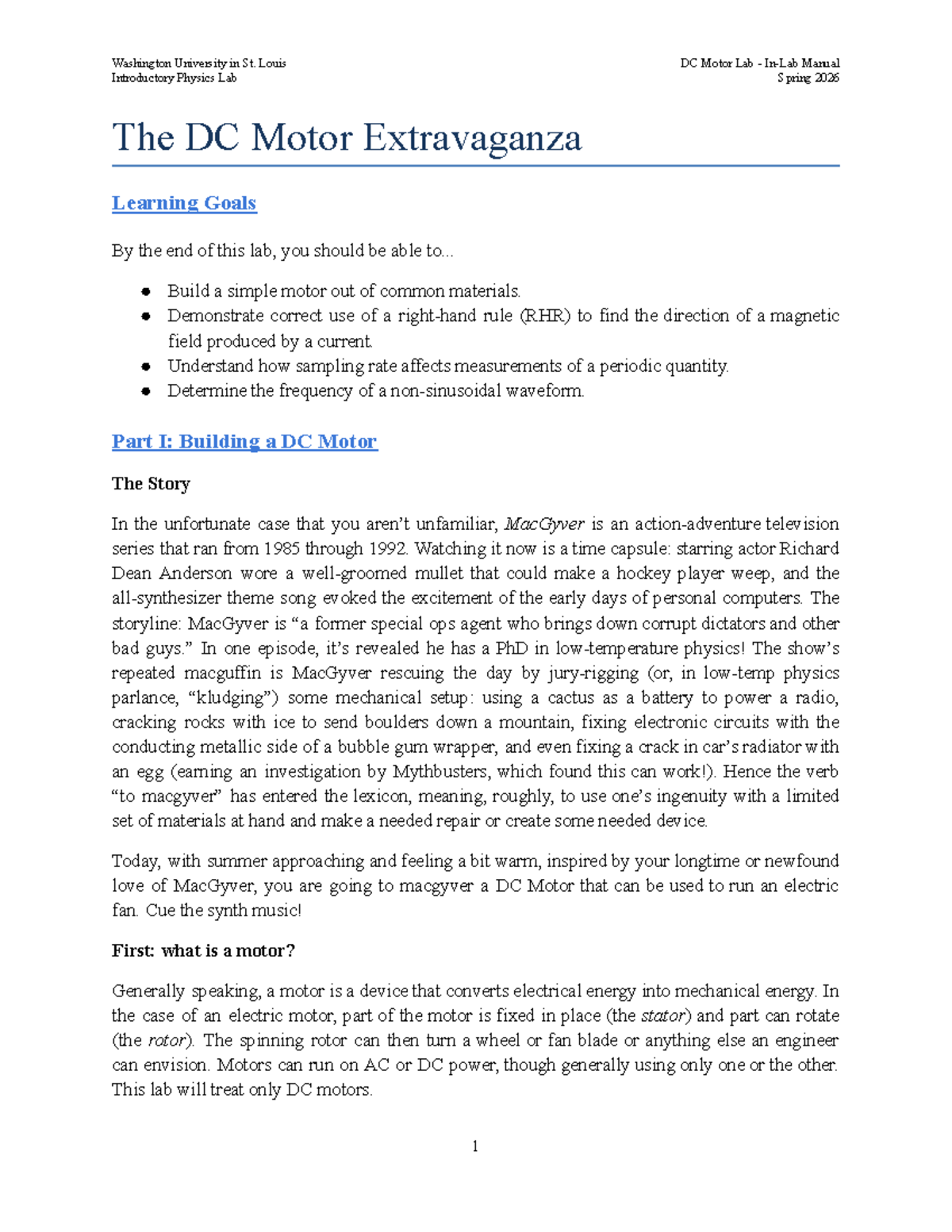 Washington University in St. Introductory Physics DC Motor Lab Manual ...