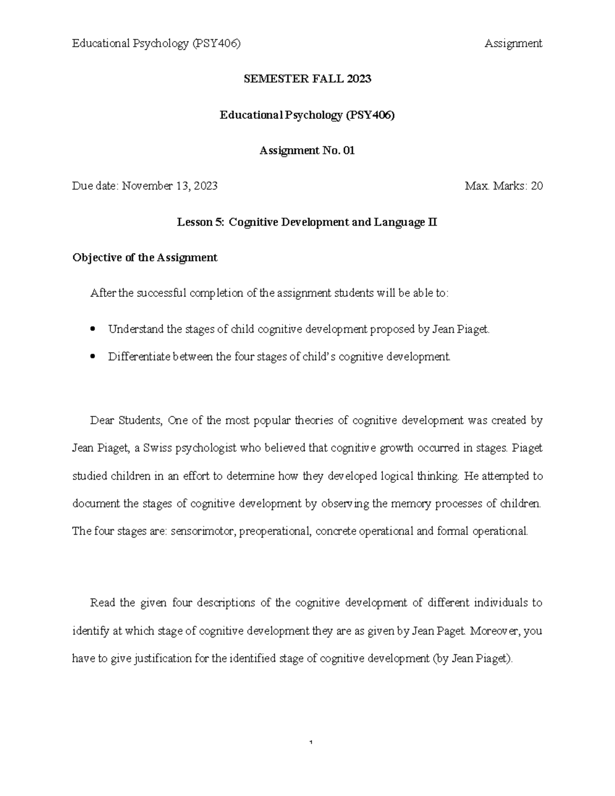 Fall 2023 PSY406 Assignment 1: Cognitive Development Stages by Piaget ...