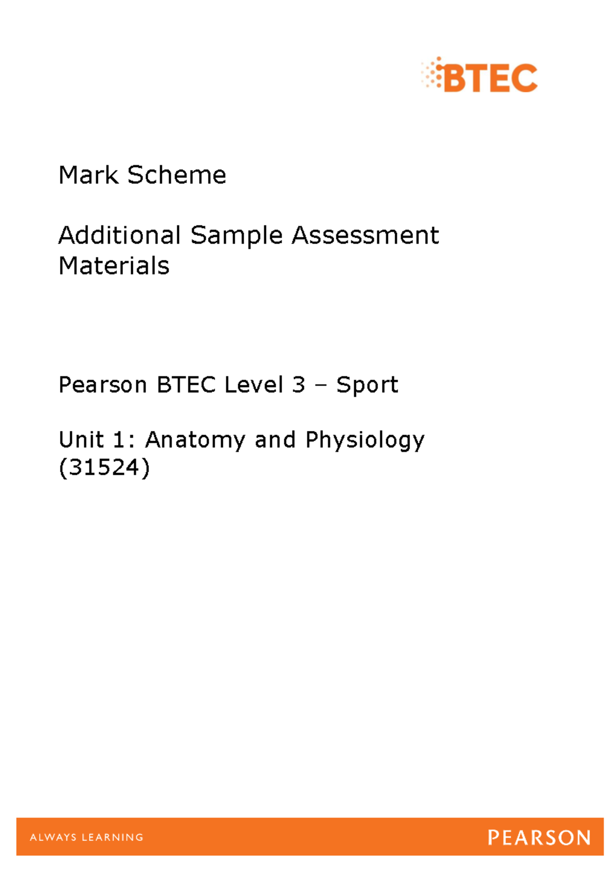 BTEC Level 3 Sport Unit 1 Sample Assessment Marking Grid - Studocu
