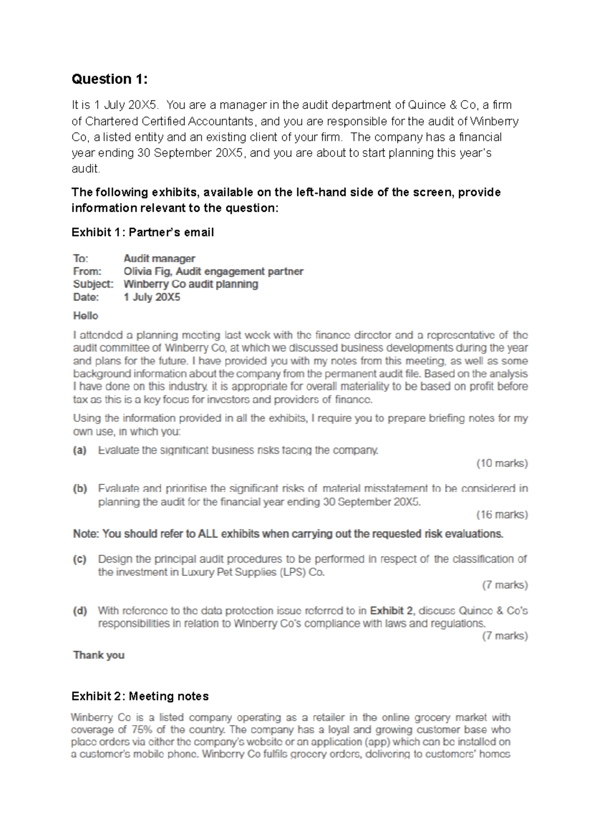 AAA Past Paper Sept 2022 Audit Questions and Requirements - Studocu