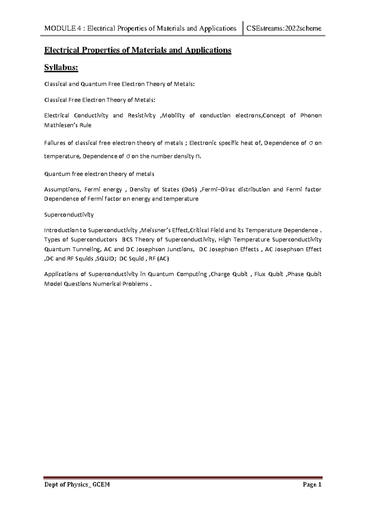 **Module 4: Electrical Properties of Materials - Applications and ...
