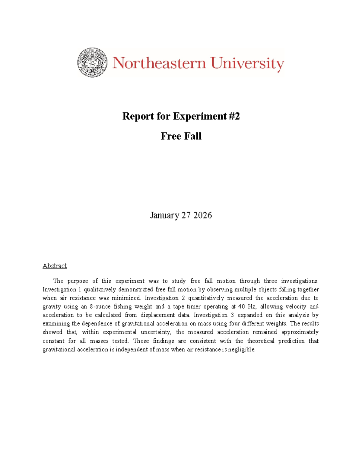 Lab 2 - Report on Free Fall Experiment and Gravity Measurement - Studocu