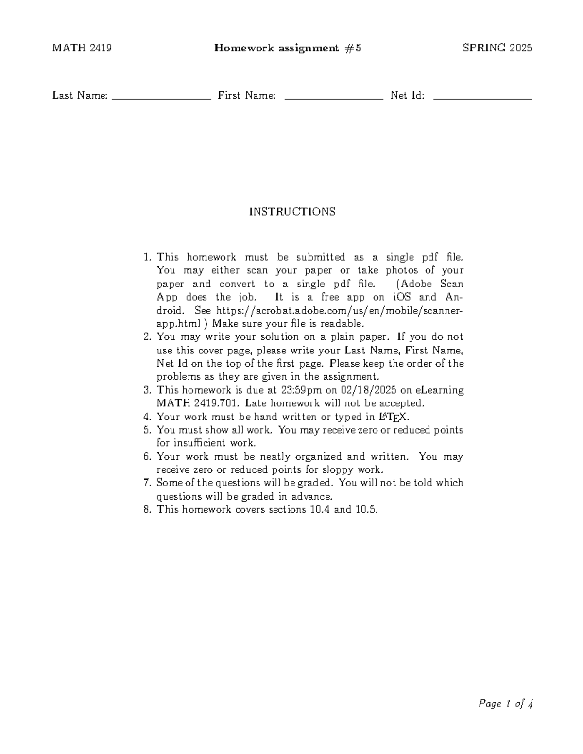MATH 2419 - Homework Assignment #5 Instructions & Questions - Studocu