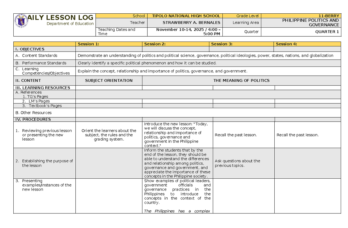 PPG 101 Q1 WEEK 1 - Daily Lesson Log on Philippine Politics - Studocu