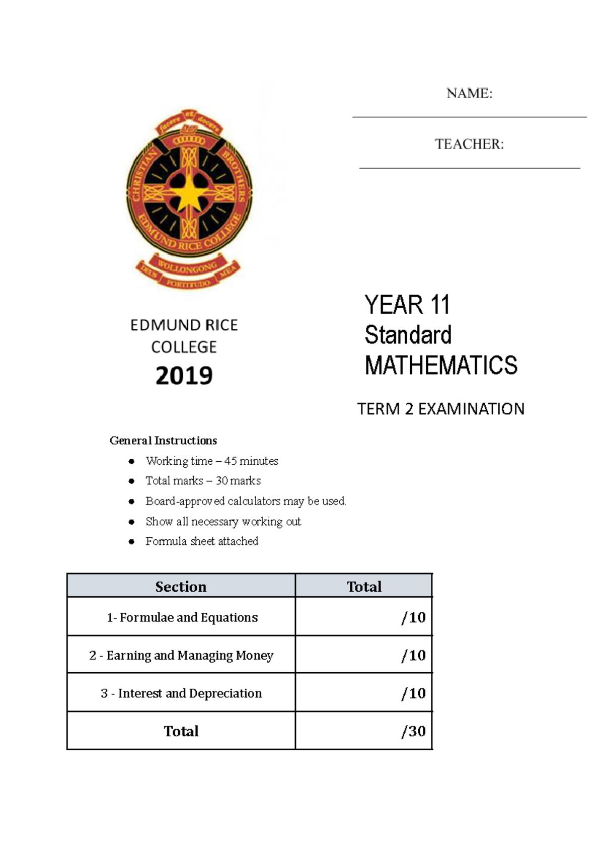 YEAR 11 Standard Mathematics Term 2 Exam: General Instructions ...